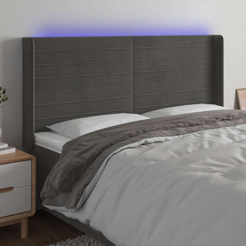 vidaXL LED горна табла за легло тъмносива 183x16x118/128 см кадифе