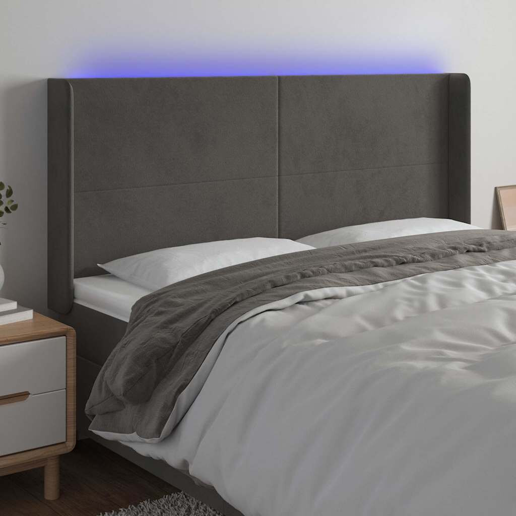vidaXL LED горна табла за легло тъмносива 183x16x118/128 см кадифе