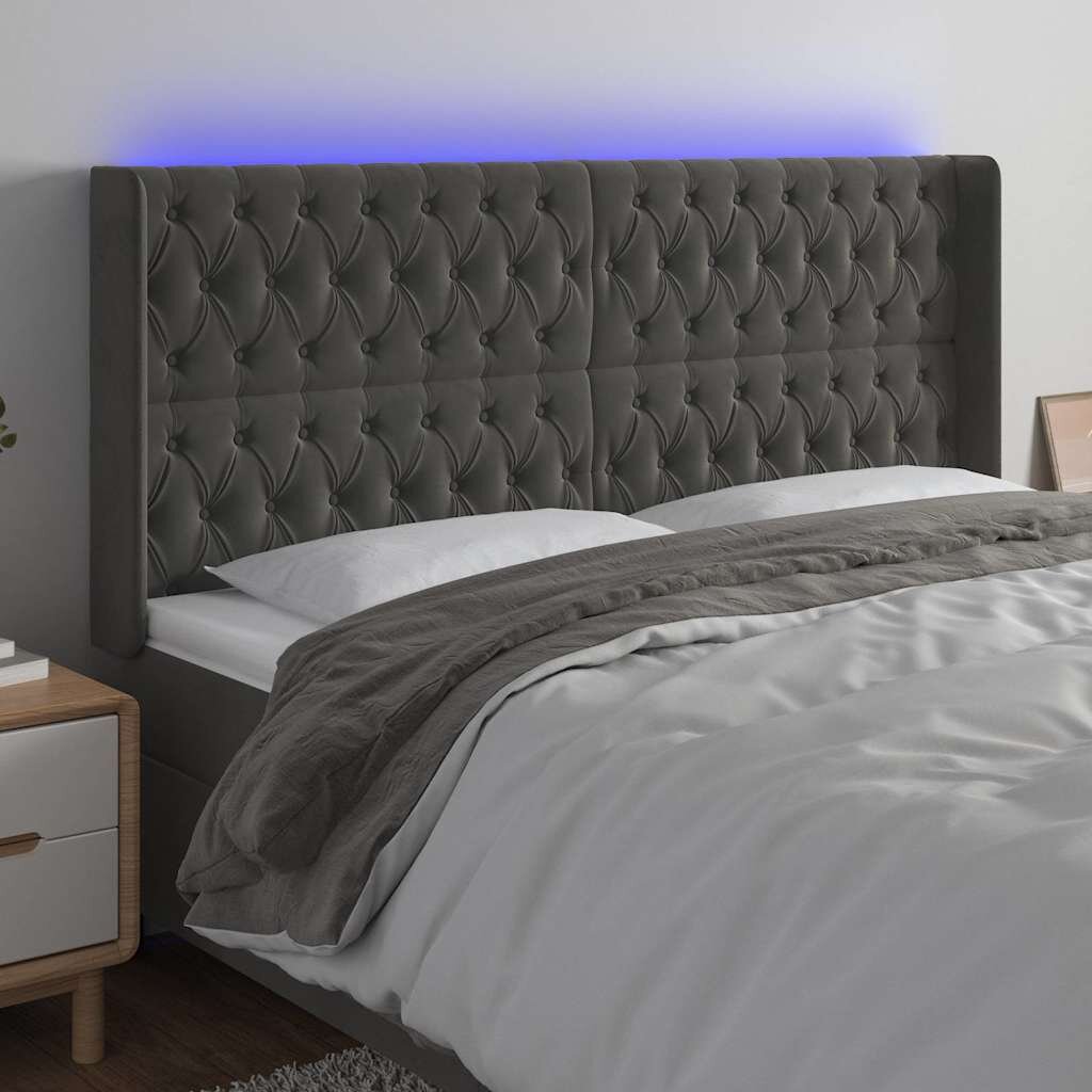 vidaXL LED горна табла за легло тъмносива 183x16x118/128 см кадифе