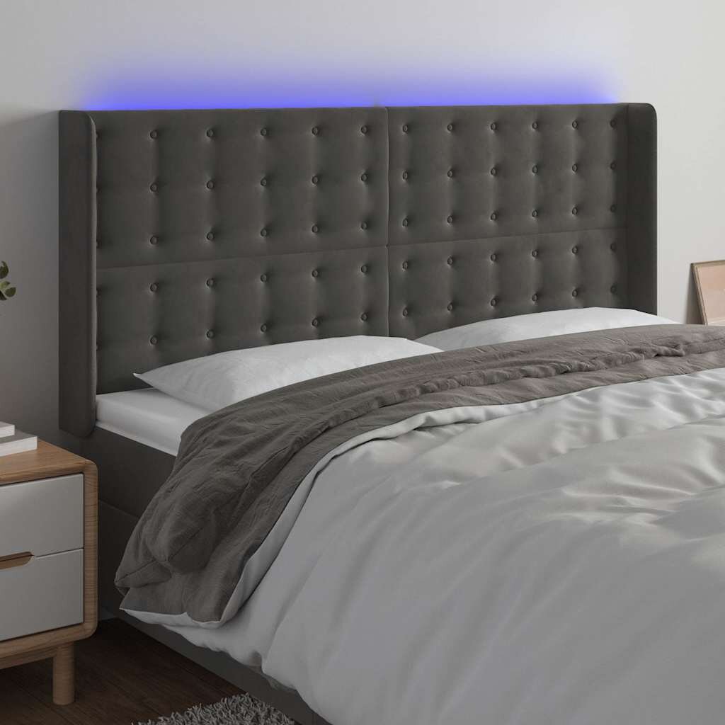 vidaXL LED горна табла за легло тъмносива 183x16x118/128 см кадифе