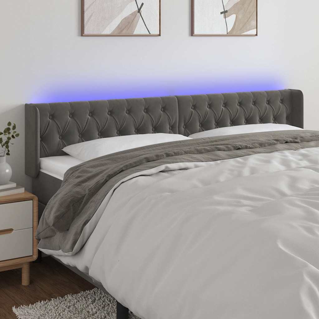 vidaXL LED горна табла за легло тъмносива 183x16x78/88 см кадифе
