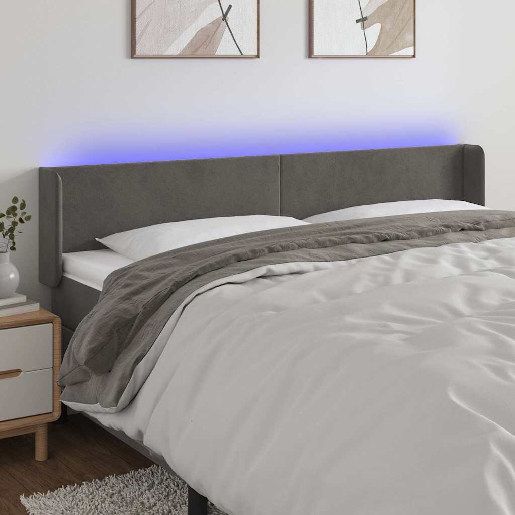 vidaXL LED горна табла за легло тъмносива 183x16x78/88 см кадифе