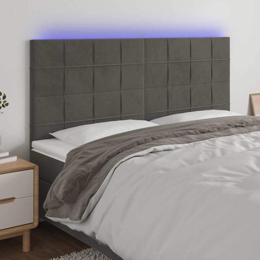 vidaXL LED горна табла за легло тъмносива 200x5x118/128 см кадифе