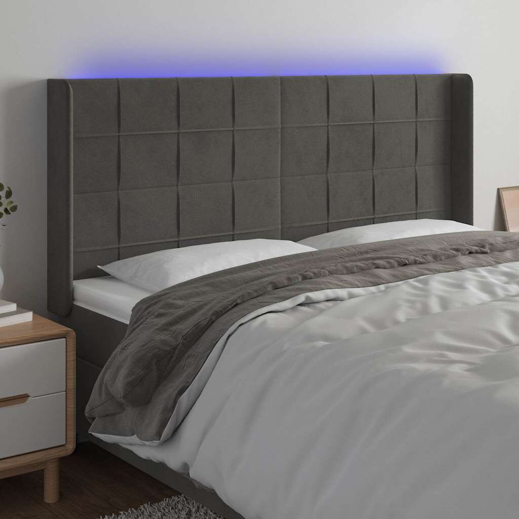 vidaXL LED горна табла за легло тъмносива 203x16x118/128 см кадифе