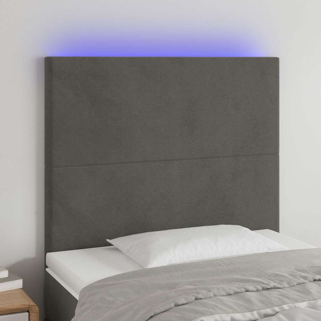 vidaXL LED горна табла за легло тъмносива 90x5x118/128 см кадифе
