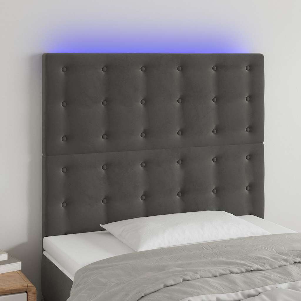 vidaXL LED горна табла за легло тъмносива 90x5x118/128 см кадифе