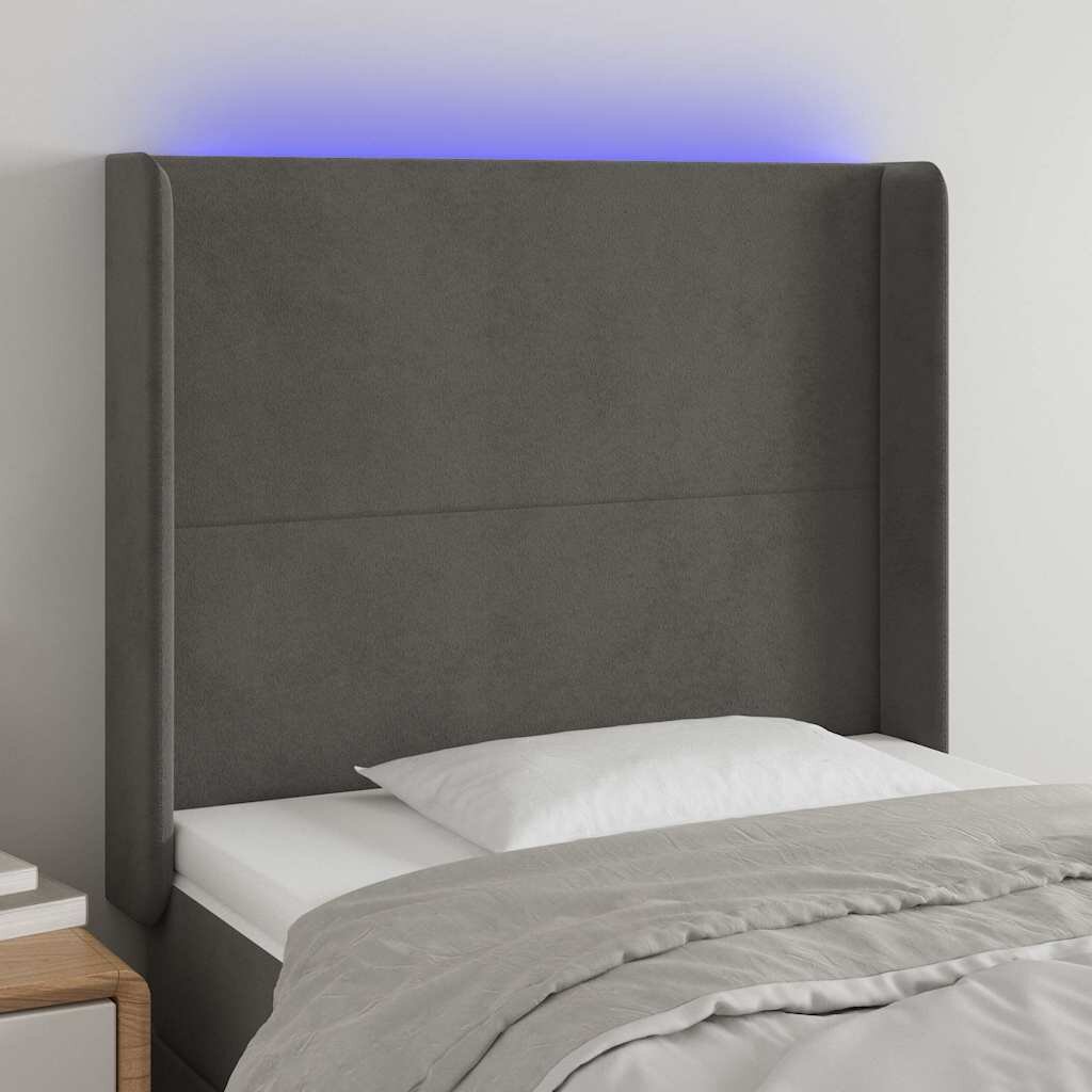 vidaXL LED горна табла за легло тъмносива 93x16x118/128 см кадифе