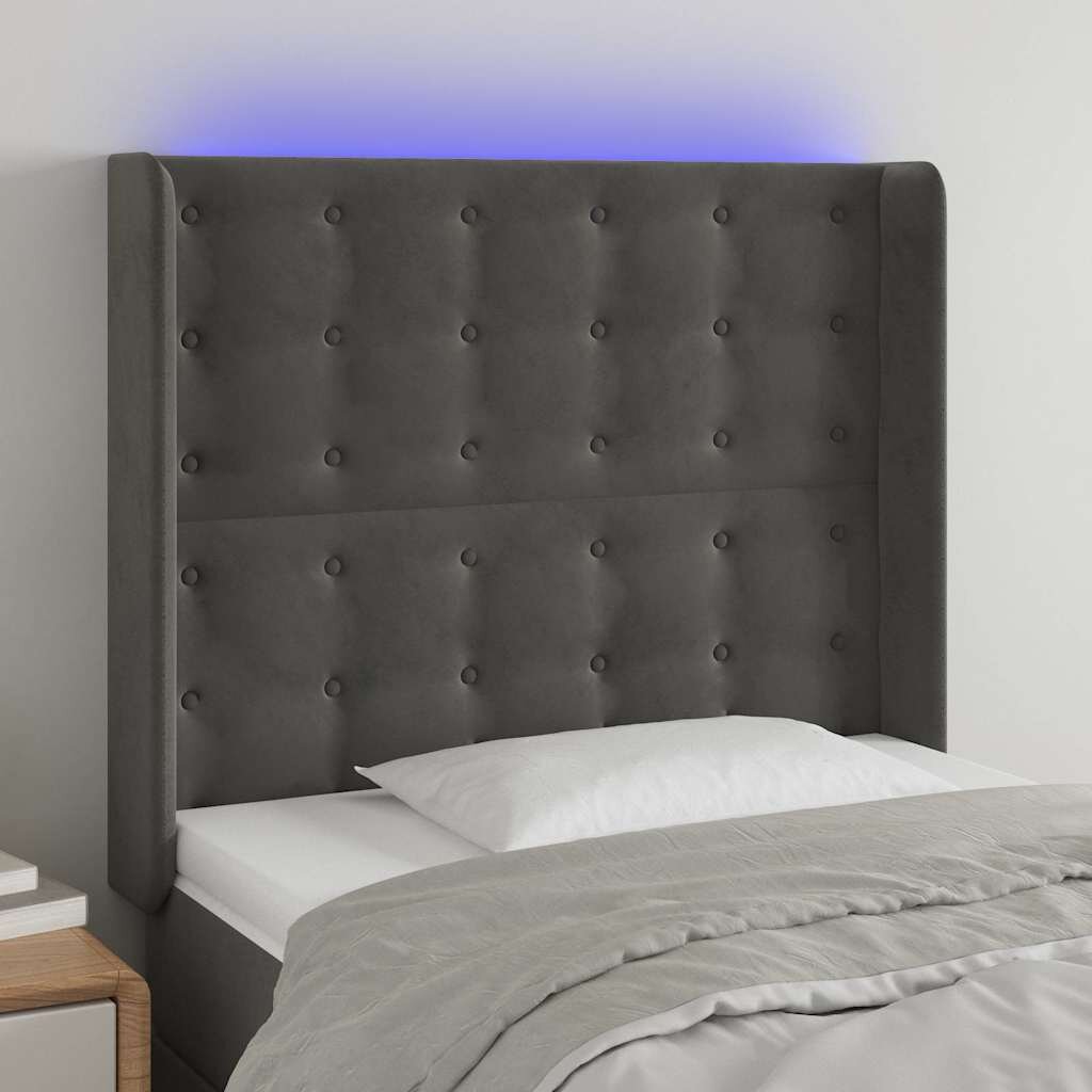 vidaXL LED горна табла за легло тъмносива 93x16x118/128 см кадифе