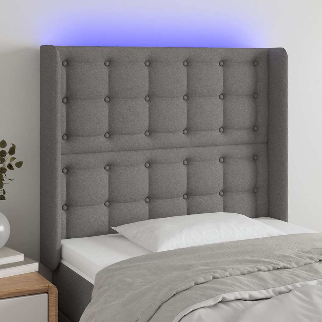 vidaXL LED горна табла за легло тъмносива 93x16x118/128 см плат
