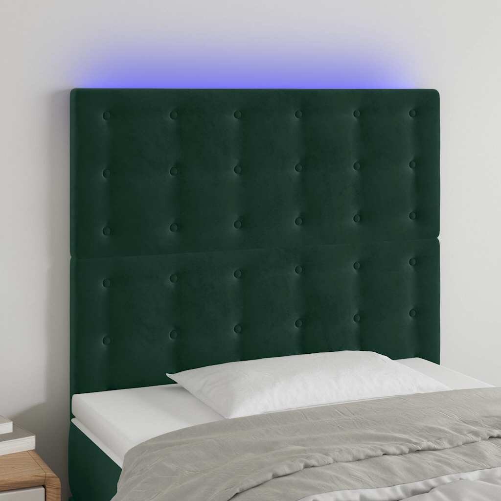 vidaXL LED горна табла за легло тъмнозелена 100x5x118/128 см кадифе