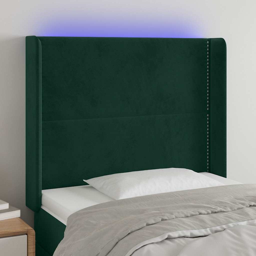 vidaXL LED горна табла за легло тъмнозелена 103x16x118/128см кадифе