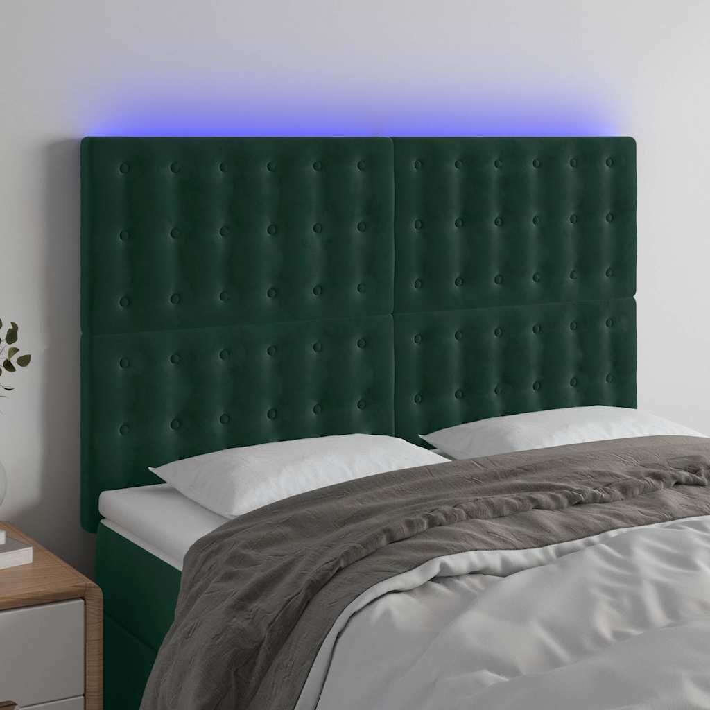 vidaXL LED горна табла за легло тъмнозелена 144x5x118/128 см кадифе