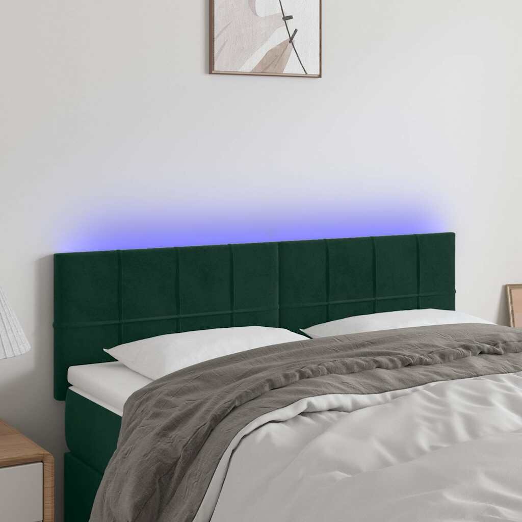 vidaXL LED горна табла за легло тъмнозелена 144x5x78/88 см кадифе