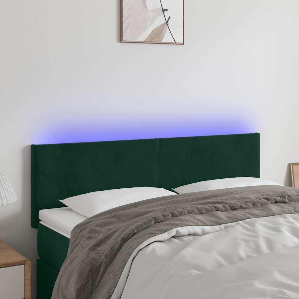 vidaXL LED горна табла за легло тъмнозелена 144x5x78/88 см кадифе