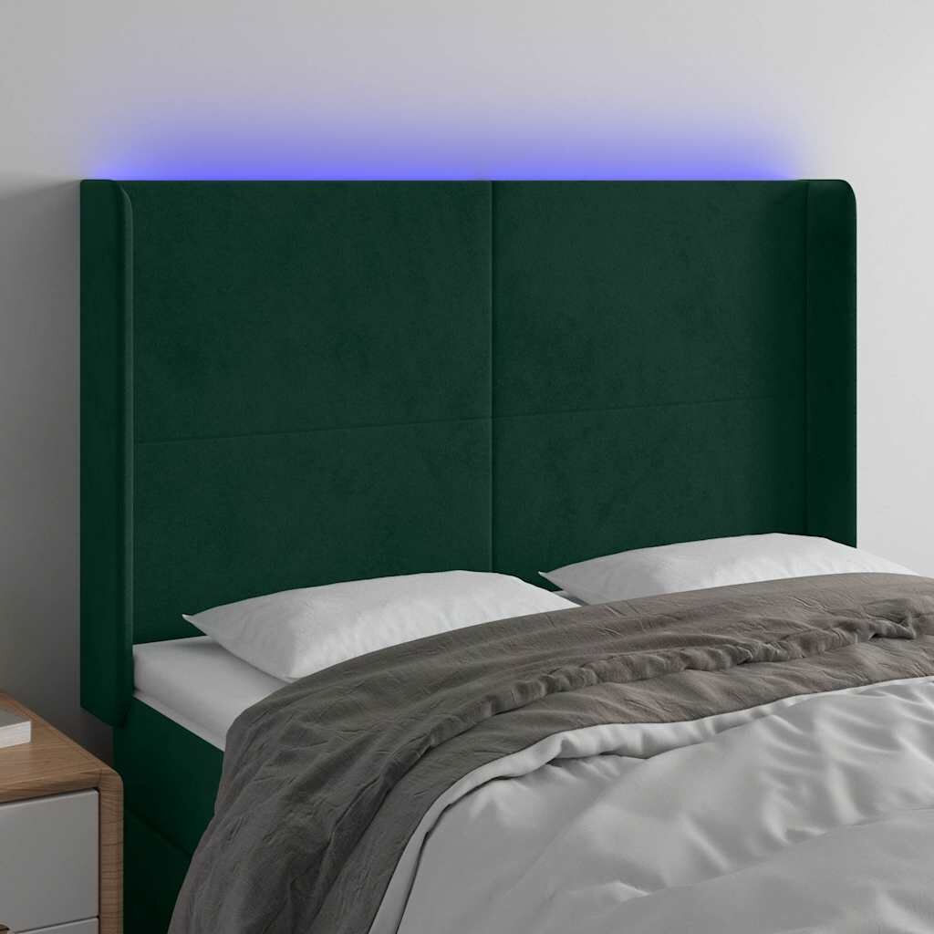 vidaXL LED горна табла за легло тъмнозелена 147x16x118/128см кадифе