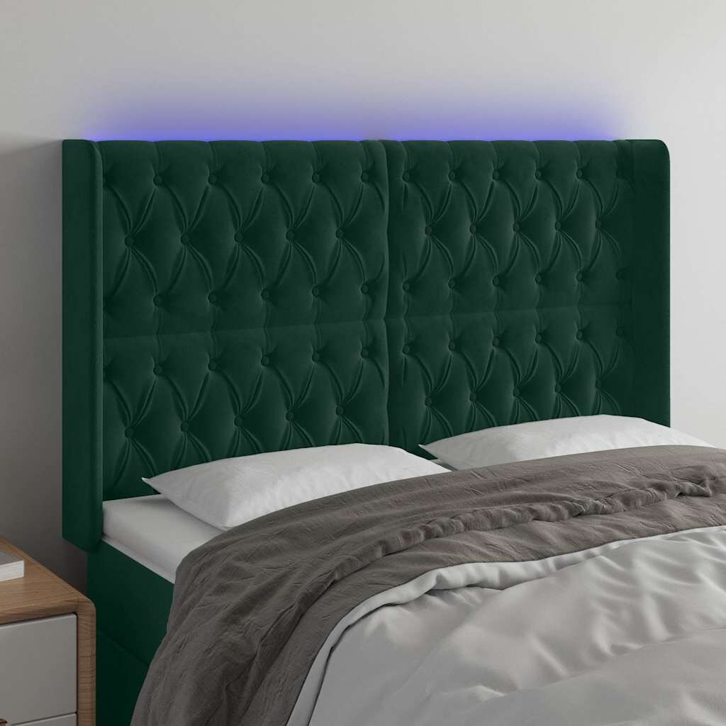 vidaXL LED горна табла за легло тъмнозелена 147x16x118/128см кадифе