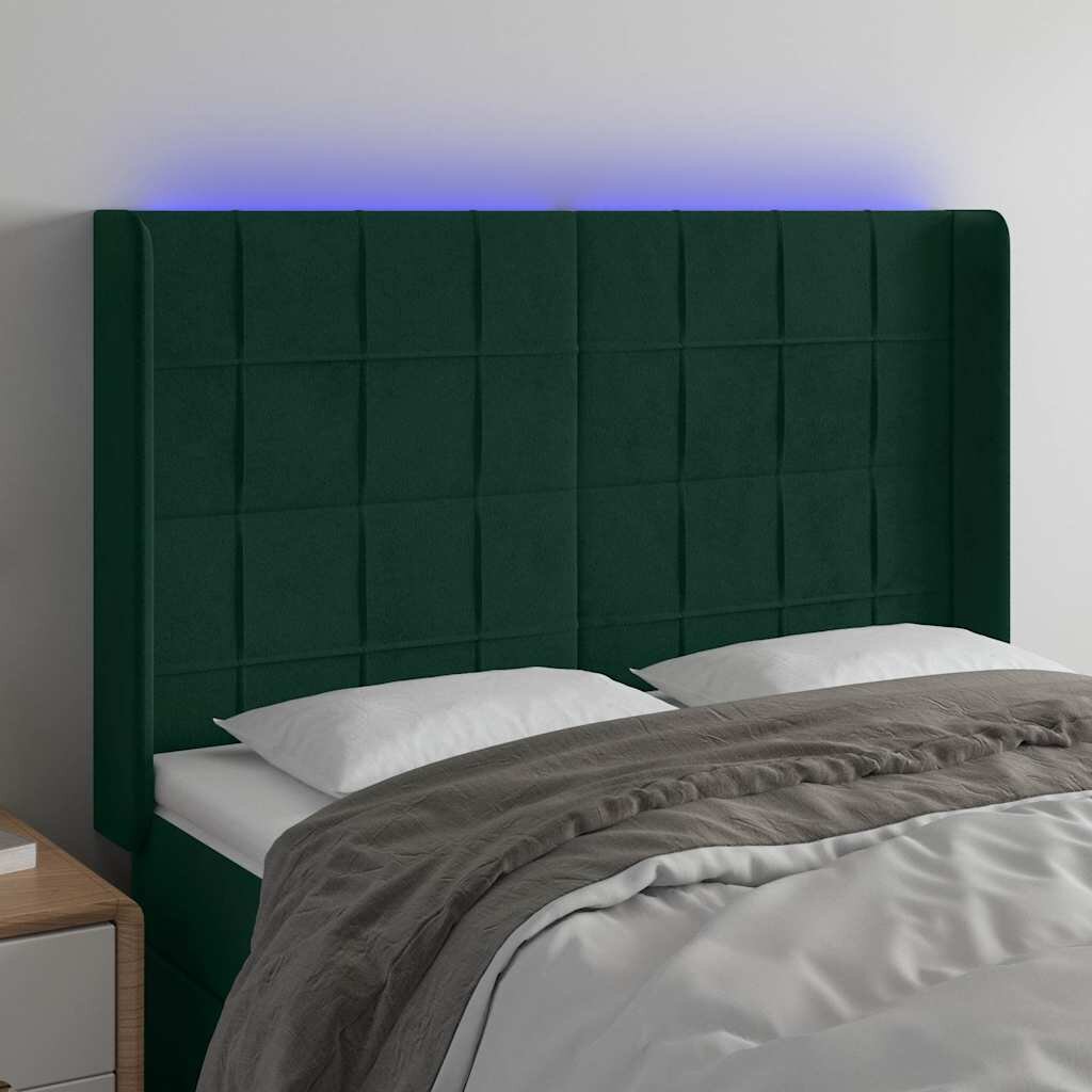 vidaXL LED горна табла за легло тъмнозелена 147x16x118/128см кадифе