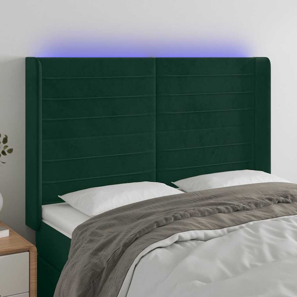 vidaXL LED горна табла за легло тъмнозелена 147x16x118/128см кадифе