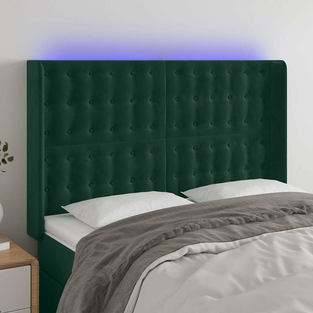 vidaXL LED горна табла за легло тъмнозелена 147x16x118/128см кадифе