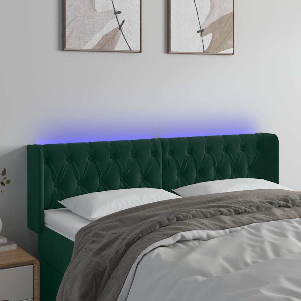 vidaXL LED горна табла за легло тъмнозелена 147x16x78/88 см кадифе