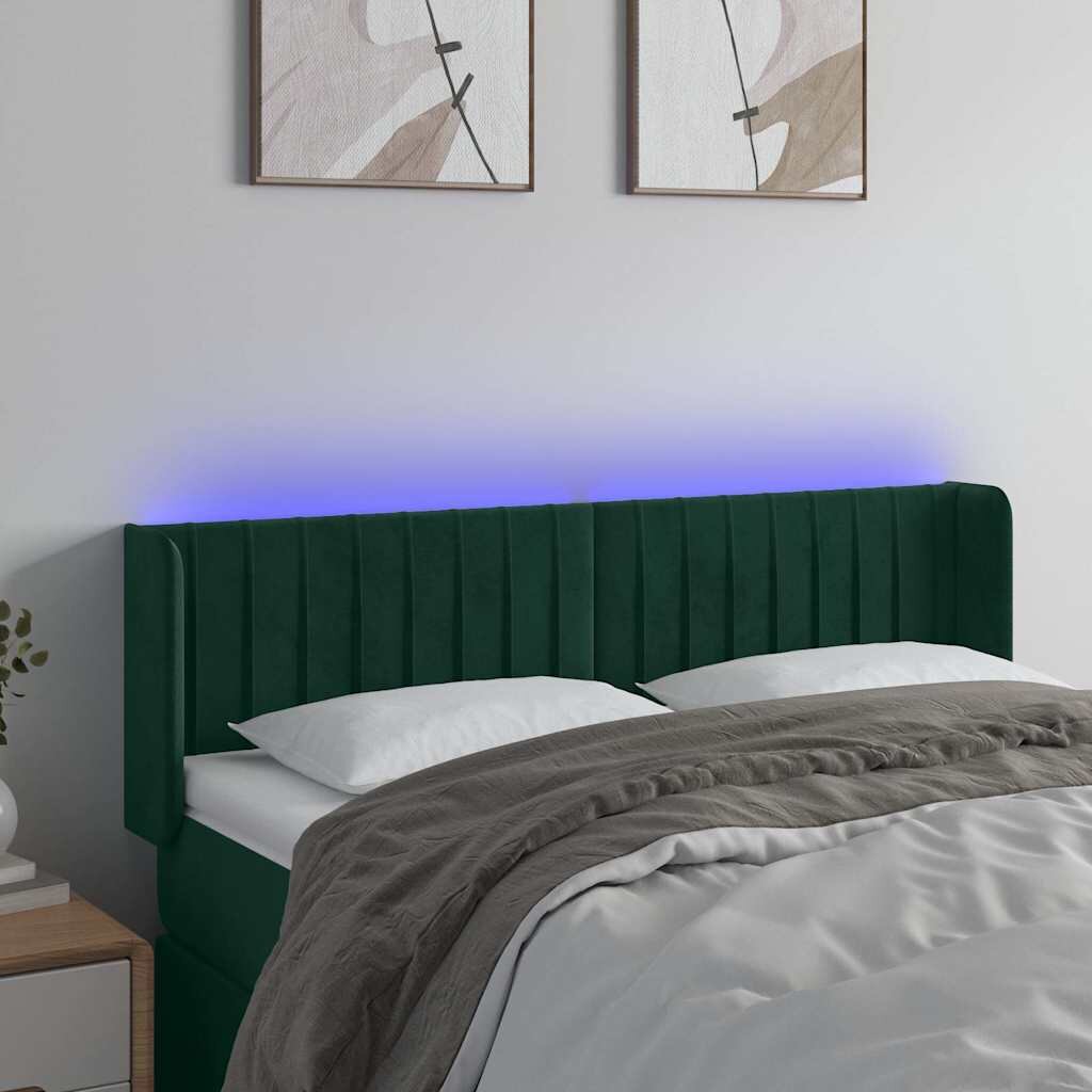 vidaXL LED горна табла за легло тъмнозелена 147x16x78/88 см кадифе