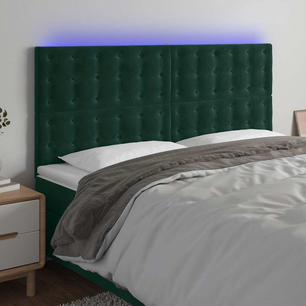 vidaXL LED горна табла за легло тъмнозелена 160x5x118/128 см кадифе