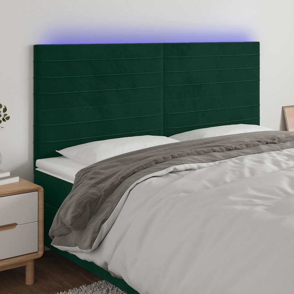 vidaXL LED горна табла за легло тъмнозелена 180x5x118/128 см кадифе
