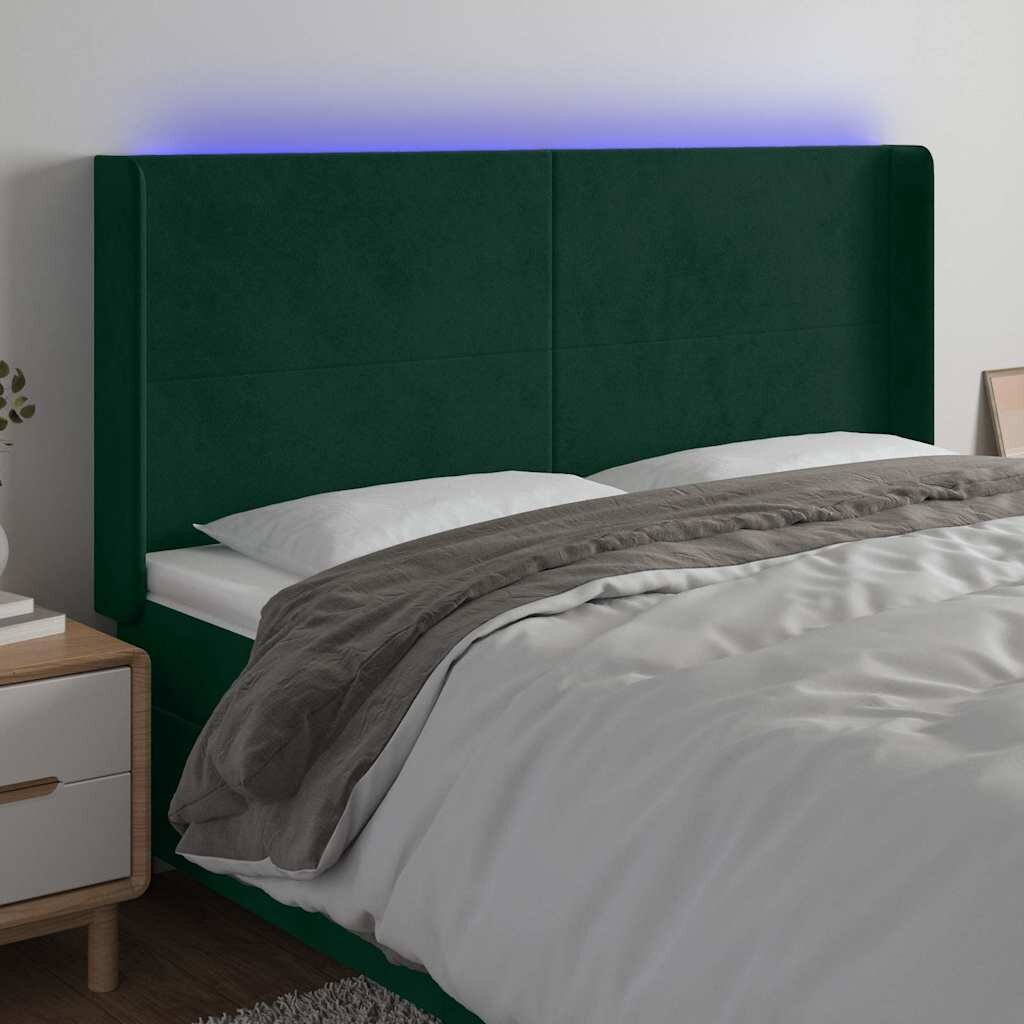 vidaXL LED горна табла за легло тъмнозелена 183x16x118/128см кадифе