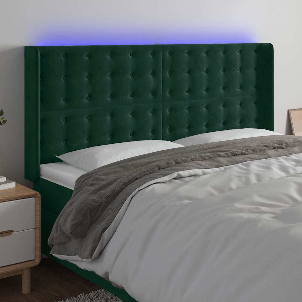 vidaXL LED горна табла за легло тъмнозелена 183x16x118/128см кадифе