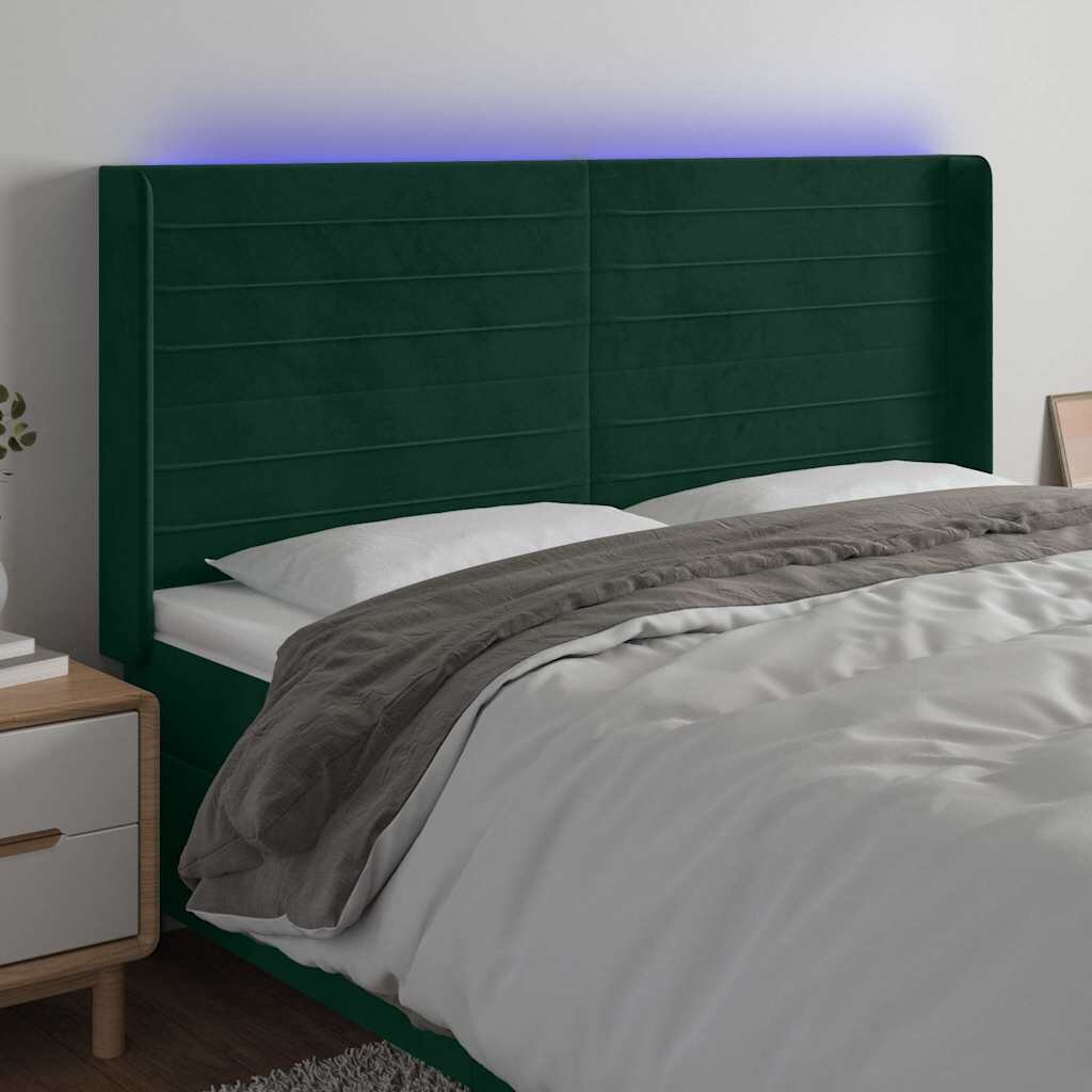vidaXL LED горна табла за легло тъмнозелена 183x16x118/128см кадифе