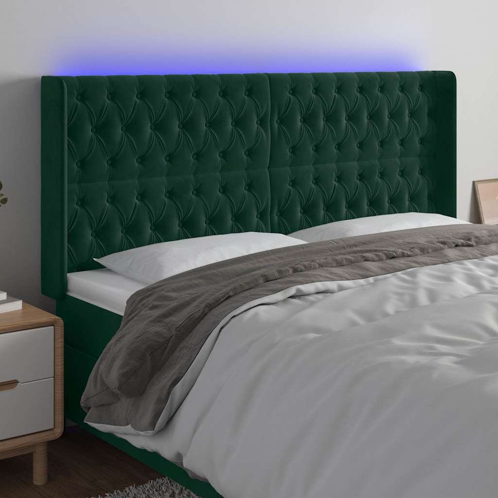 vidaXL LED горна табла за легло тъмнозелена 183x16x118/128см кадифе