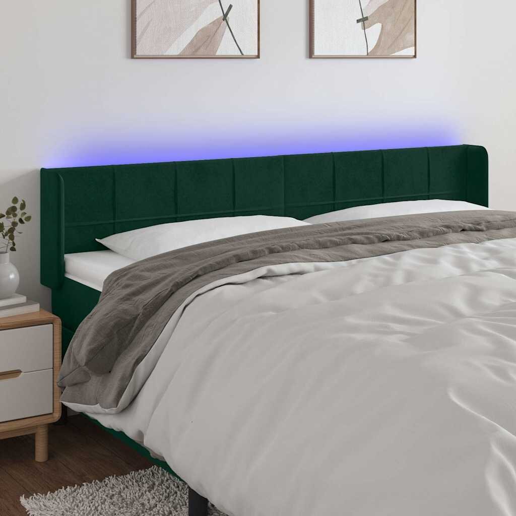 vidaXL LED горна табла за легло тъмнозелена 183x16x78/88 см кадифе