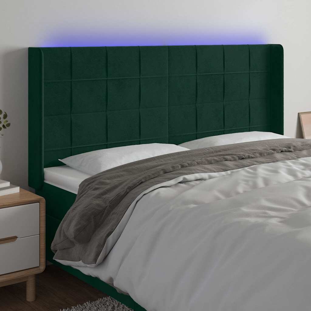 vidaXL LED горна табла за легло тъмнозелена 203x16x118/128см кадифе