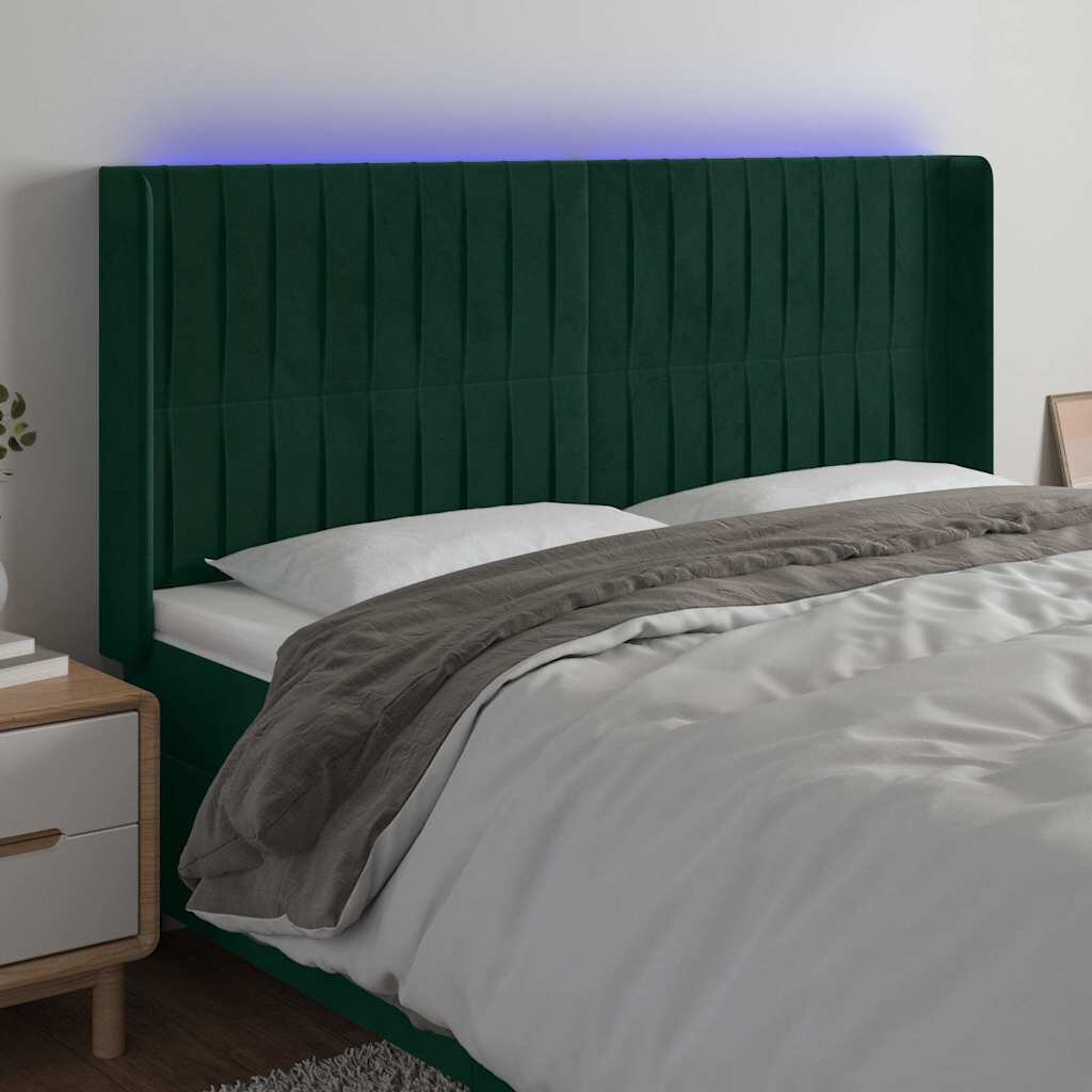 vidaXL LED горна табла за легло тъмнозелена 203x16x118/128см кадифе