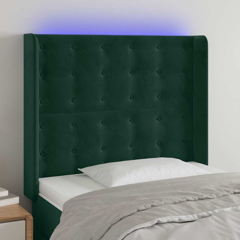 vidaXL LED горна табла за легло тъмнозелена 93x16x118/128 см кадифе