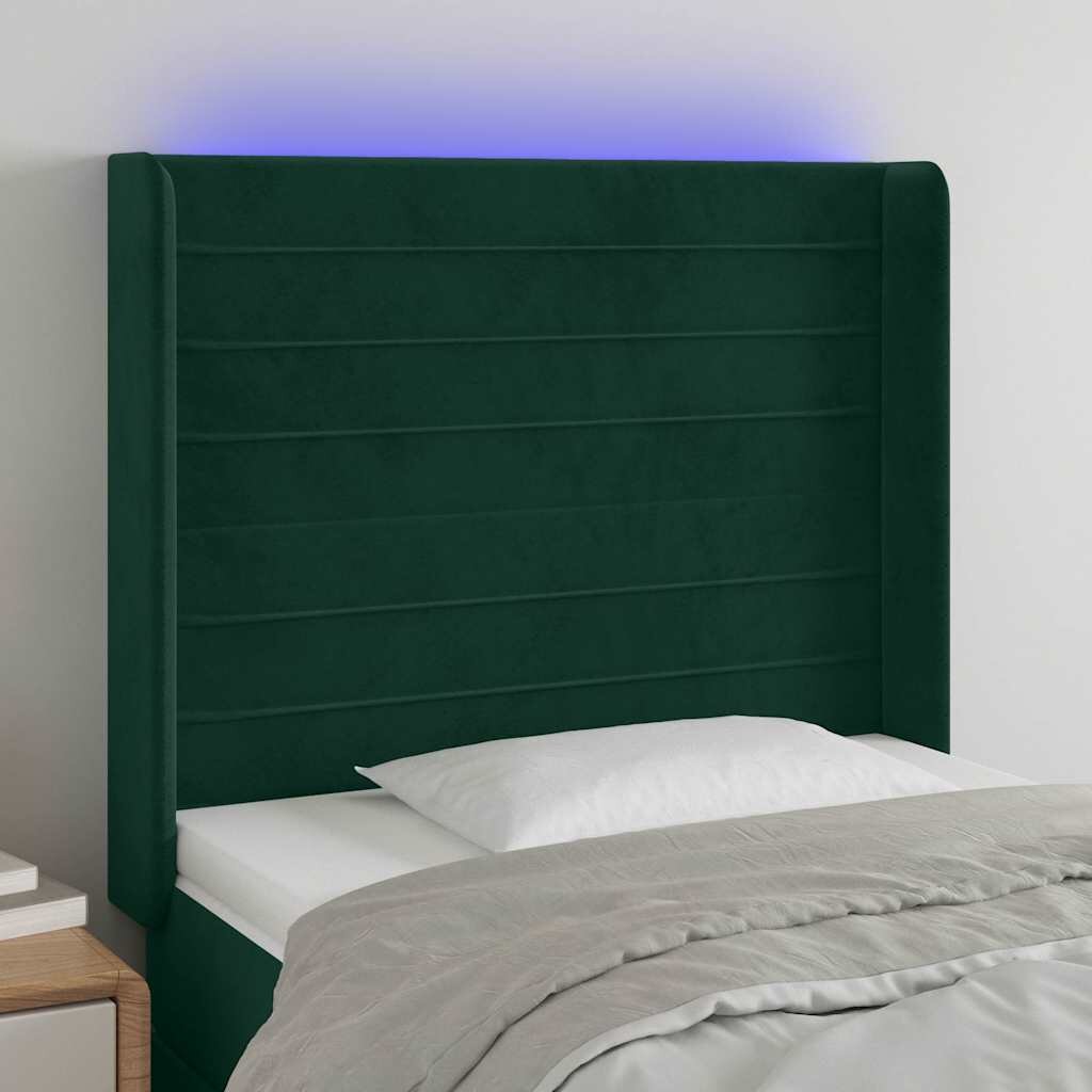 vidaXL LED горна табла за легло тъмнозелена 93x16x118/128 см кадифе