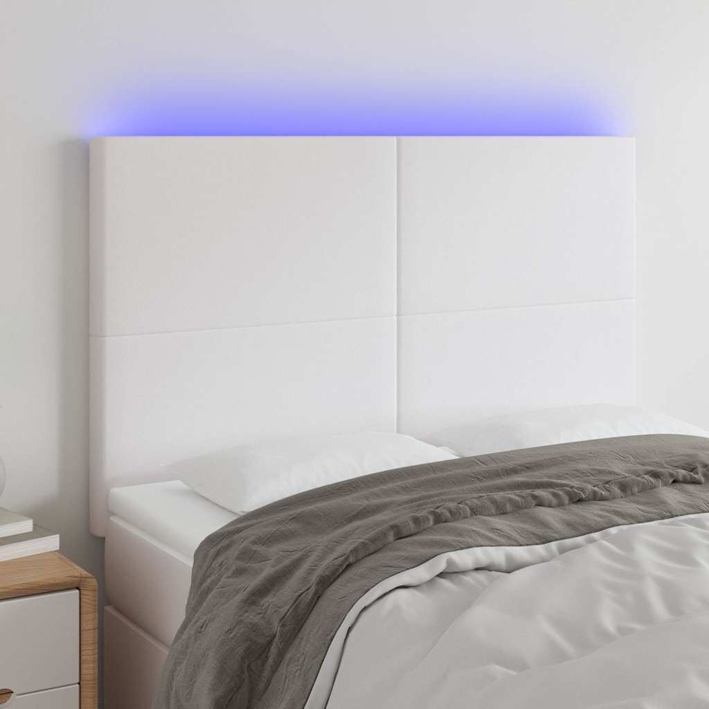 vidaXL LED горна табла за леглобяла144x5x118/128 см изкуствена кожа