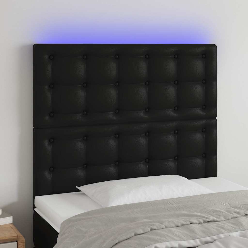 vidaXL LED горна табла за леглочерна100x5x118/128см изкуствена кожа