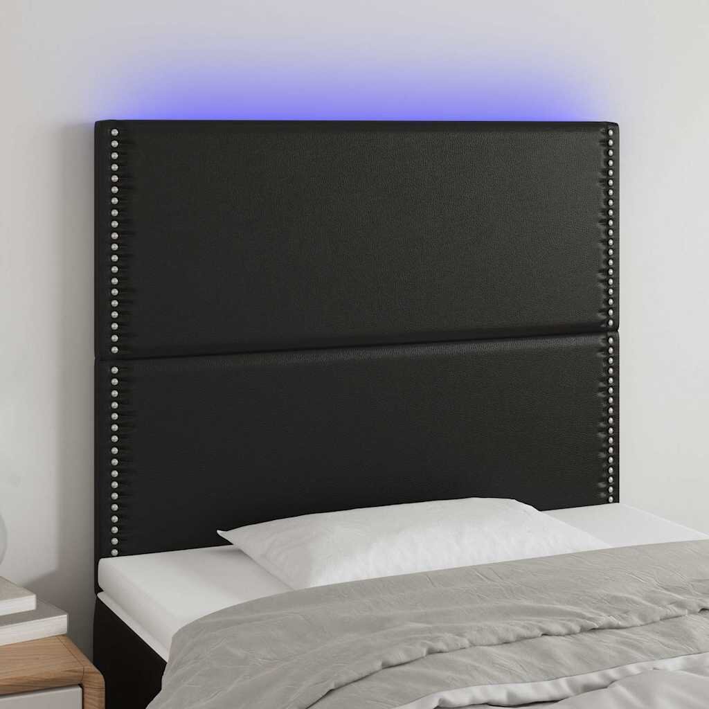 vidaXL LED горна табла за леглочерна100x5x118/128см изкуствена кожа