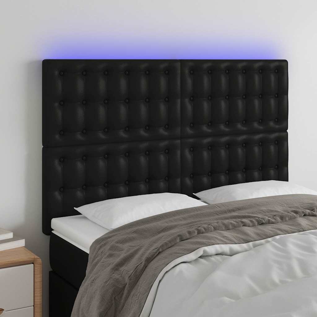 vidaXL LED горна табла за леглочерна144x5x118/128см изкуствена кожа