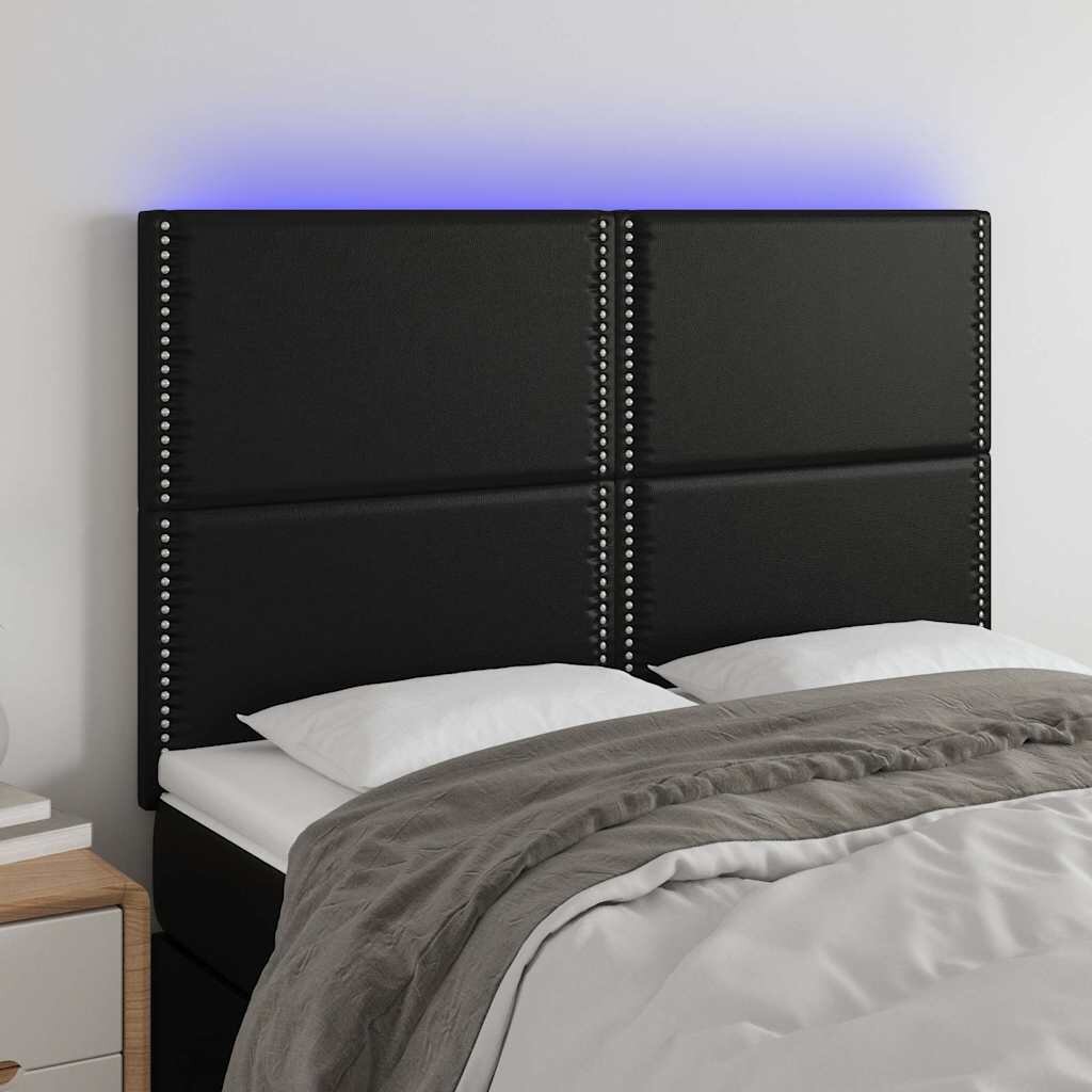 vidaXL LED горна табла за леглочерна144x5x118/128см изкуствена кожа