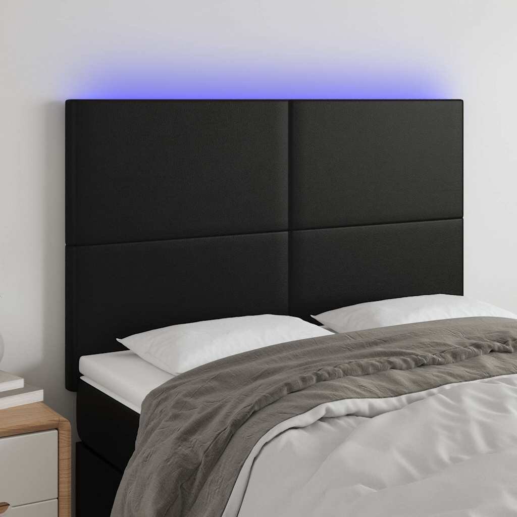 vidaXL LED горна табла за леглочерна144x5x118/128см изкуствена кожа