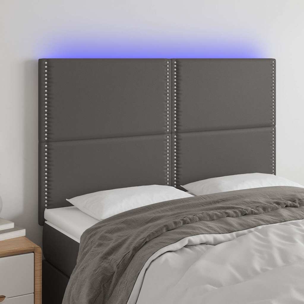 vidaXL LED горна табла за леглосива144x5x118/128 см изкуствена кожа
