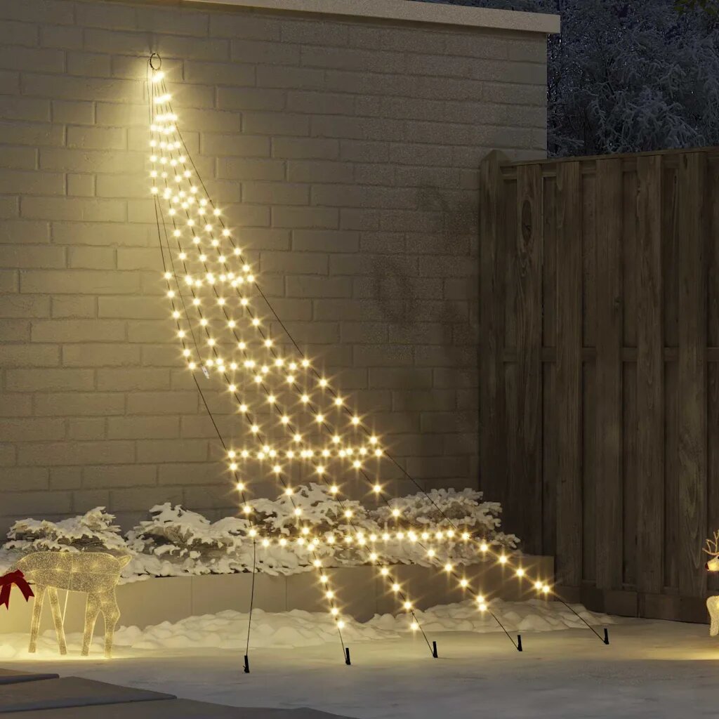 vidaXL LED коледна елха с колчета за земя Топло бяло 306 см Метал