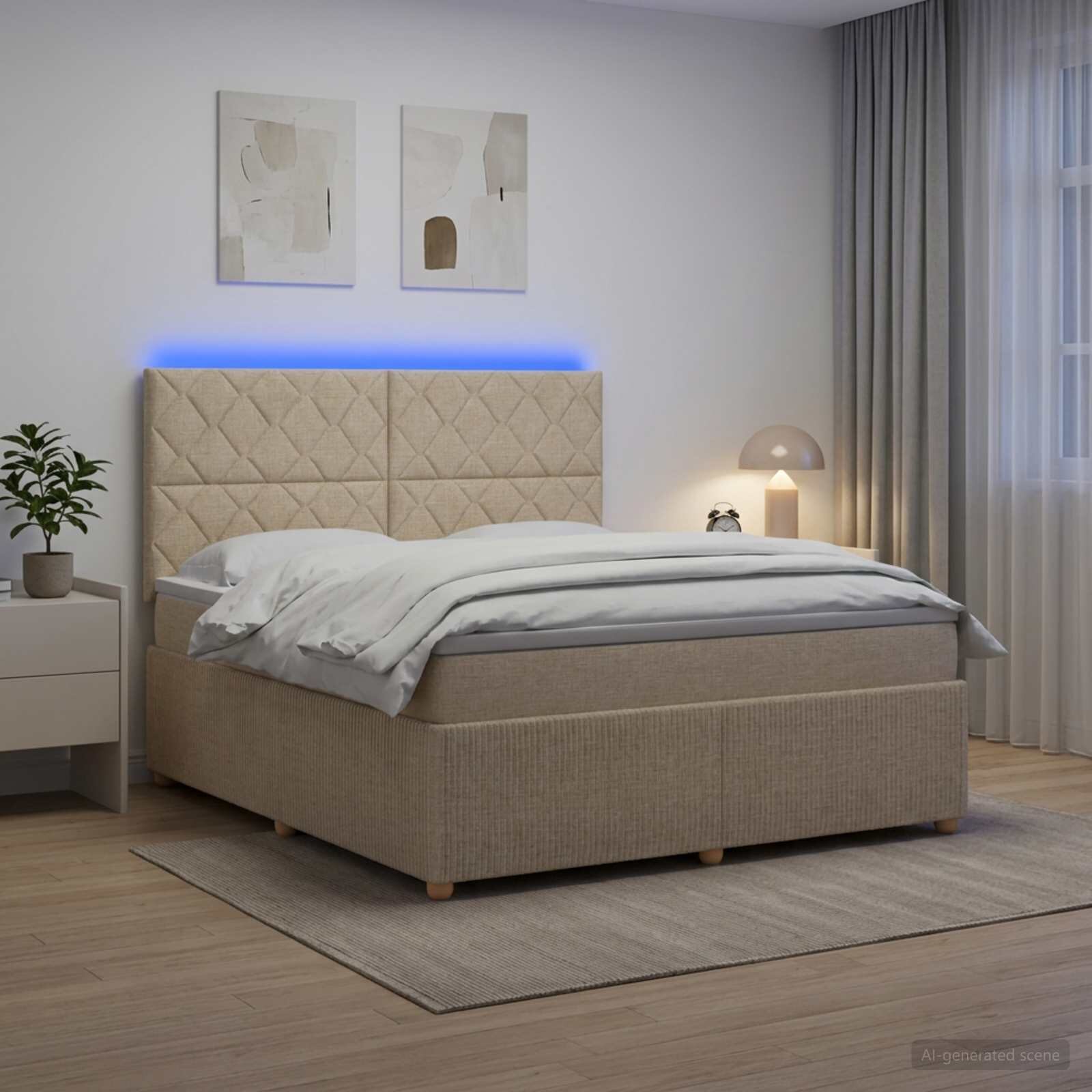 vidaXL LED легло с матрак с LED ленти Кремаво 160 x 200 cm Текстил