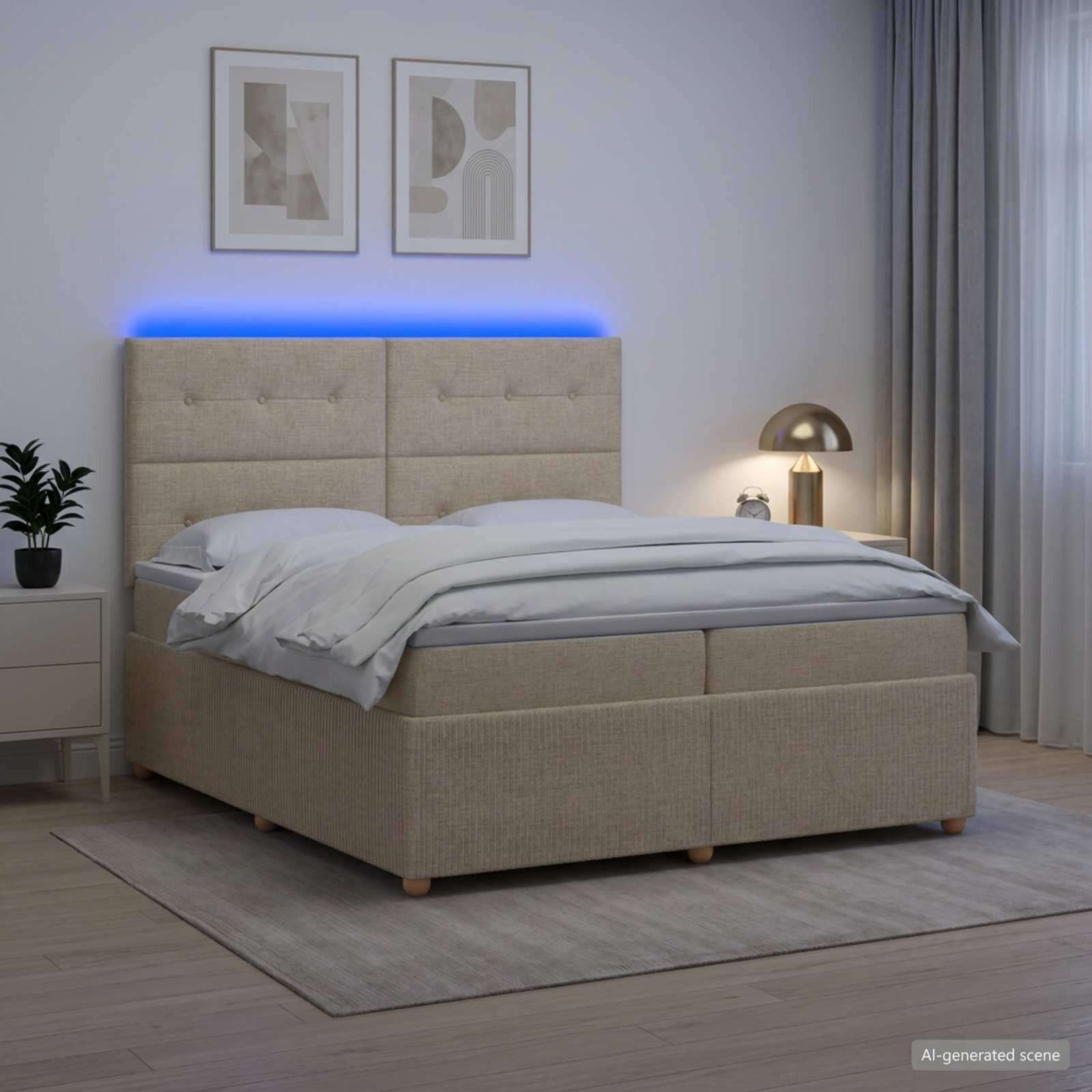 vidaXL LED легло с матрак с LED ленти Кремаво 200 x 200 cm Текстил
