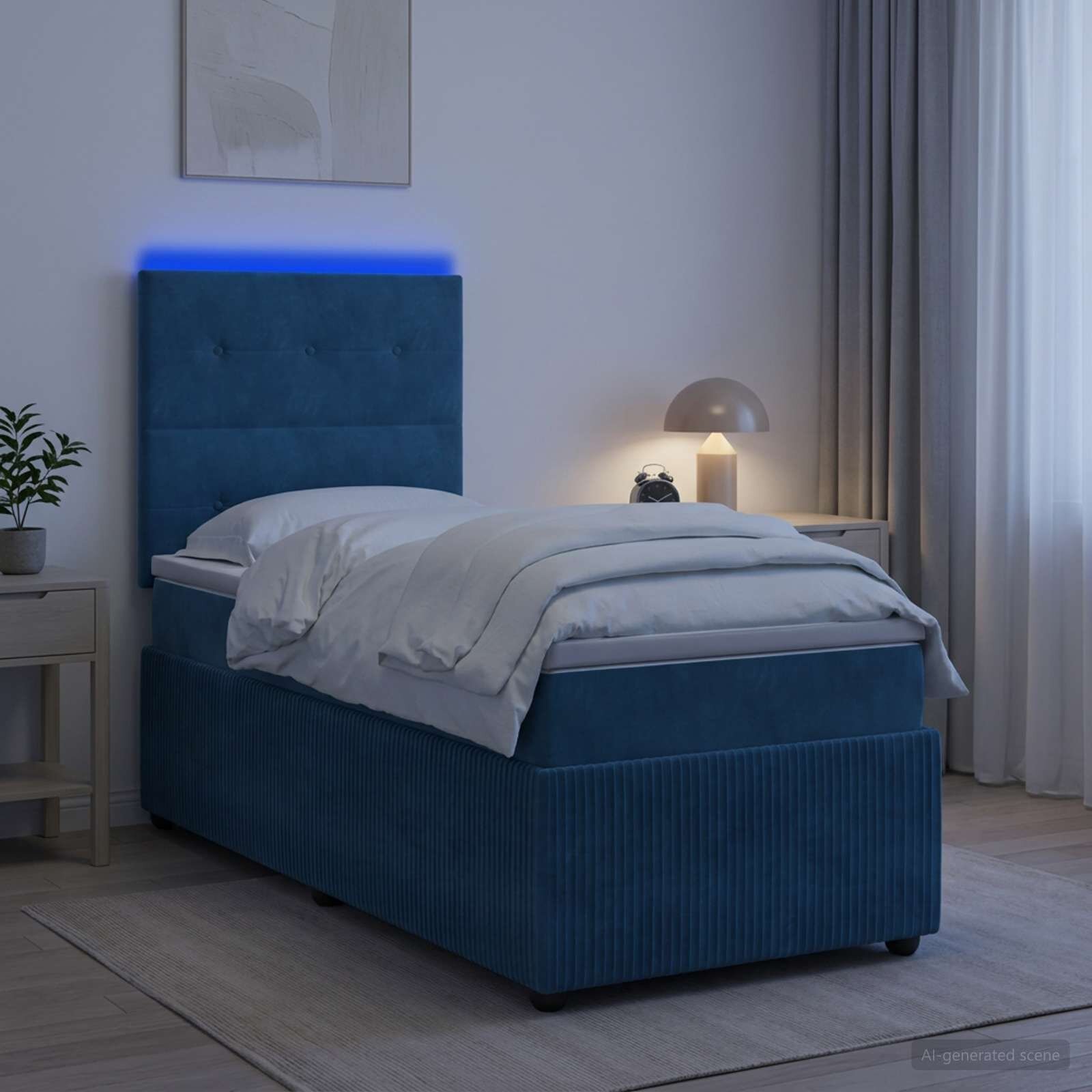 vidaXL LED легло с матрак с LED ленти Синьо 100 x 200 cm Кадифе