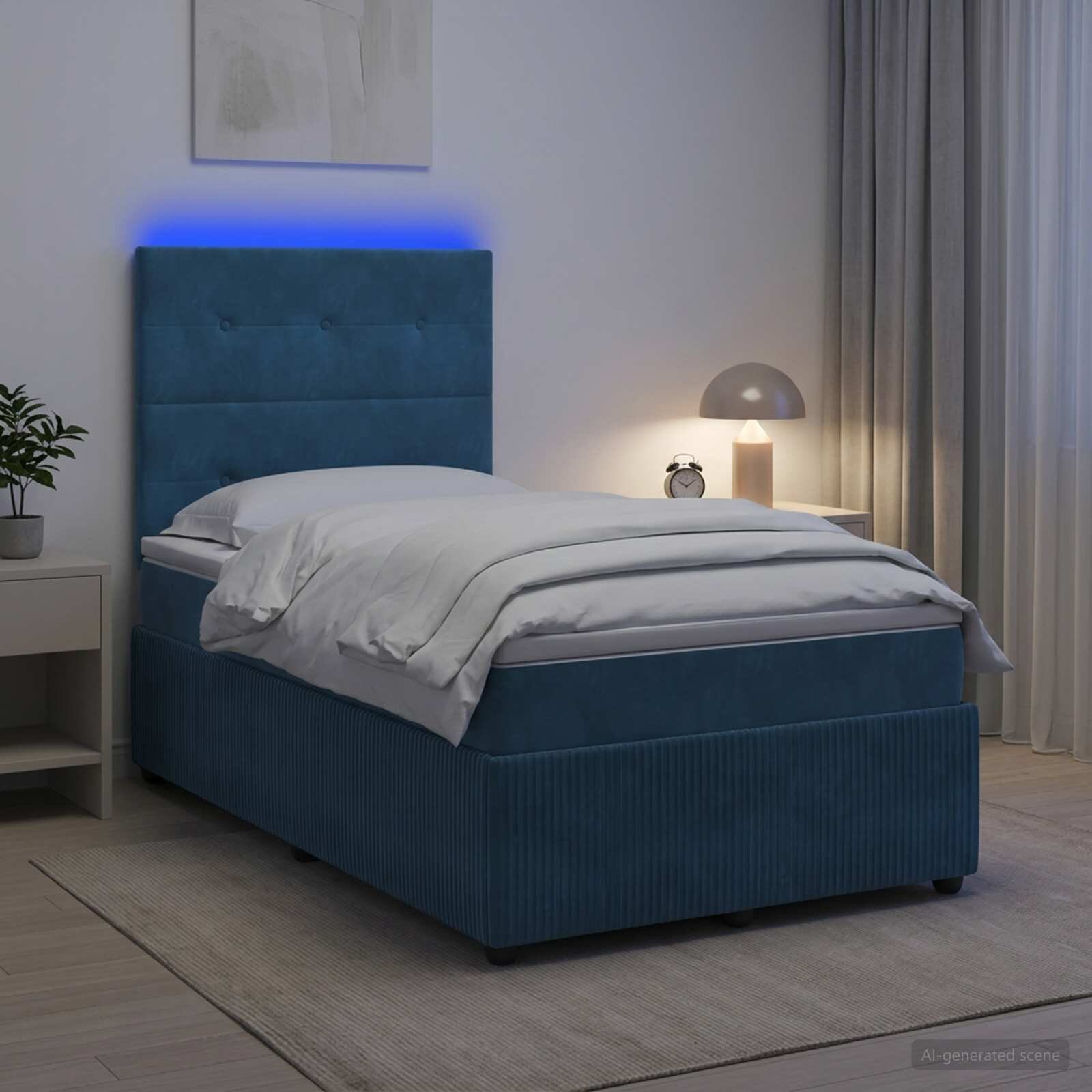 vidaXL LED легло с матрак с LED ленти Синьо 120 x 190 cm Кадифе