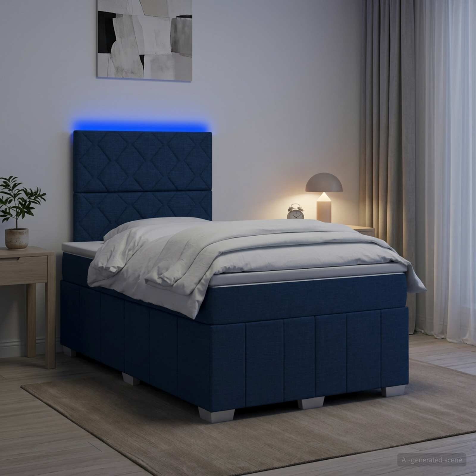 vidaXL LED легло с матрак с LED ленти Синьо 120 x 200 cm Текстил