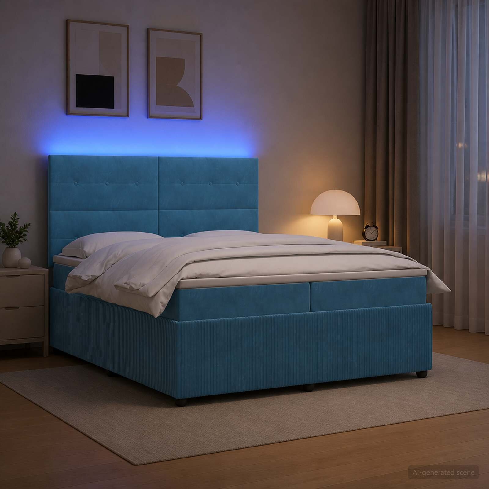 vidaXL LED легло с матрак с LED ленти Синьо 200 x 200 cm Кадифе